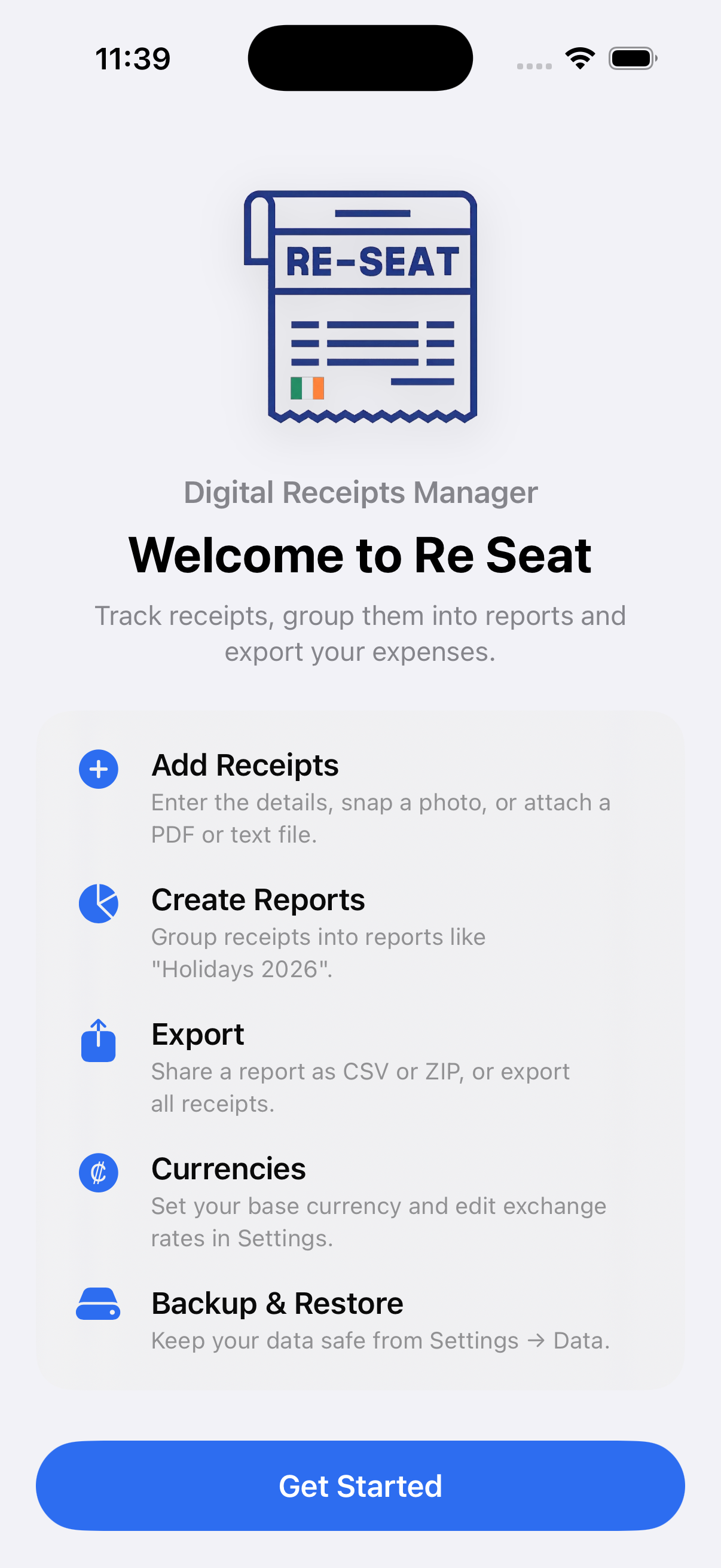 Re-Seat welcome screen